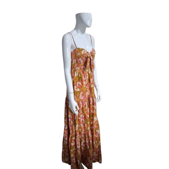 House of Harlow Linen Womens size S Bow Tie Tiered Earthy Floral Boho Maxi Dress - Picture 11 of 13